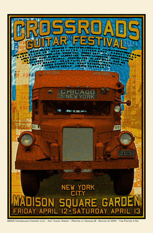 Crossroads Guitar Festival 2013 at Madison Square Garden, NYC.  22" x 32".  Poster by Chuck Sperry.  *slightly damaged on bottom left corner - see picture. Following purchase, prints are rolled in archival paper and shipped with bubble wrap in sturdy cardboard tubes.