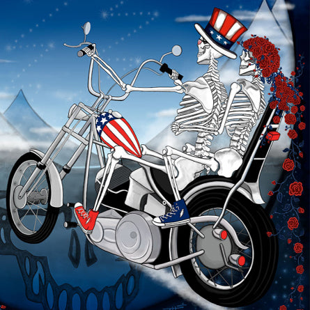 Title:  Grateful Dead, The.  "Fare Thee Well: Chopper Skyline" 2015  Artist:  Taylor Swope  Edition:   xx/5000  Type: Screen print  Size:  24" x 16"  Venue:  Soldier Field Levi's Stadium   Location:  Chicago, IL  Santa Clara, CA  Notes:  Official Chopper Skyline poster for The Grateful Dead's Fare Thee Well shows at Levi's Stadium in Santa Clara California on June 27 & 28, 2015 and at Soldier Field in Chicago, IL on July 3rd, 4th and 5th, 2015.