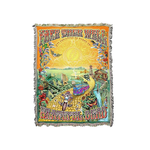 The Golden Road Woven Blanket featuring the art of Mike Dubois. Measures 53" x 69"  Care Instructions : Machine Wash Cold, Front Load Commercial washer, Mild Detergent or hand wash Mild detergent. Tumble low or Dry clean.