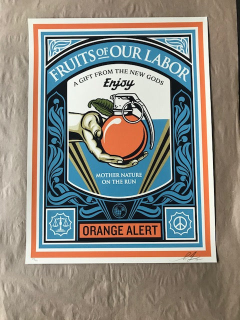 Title:  Fruits Of Our Labor  Poster artist:  Shepard Fairey  Edition:  xx/450 s/n  Type:  Screen print  Size:  18" x 24"  Notes:  Released in 2015.   Check out our other listings for more hard-to-find and out-of-print posters.