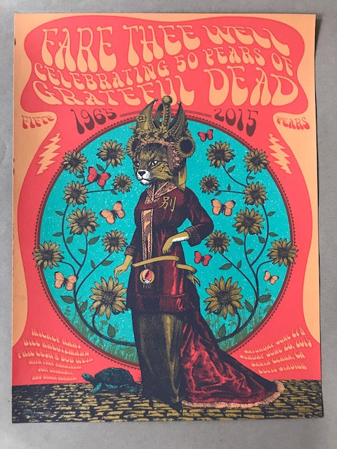 Title:  Grateful Dead China Cat  Artist:  Justin Helton  Edition:  Limited release of only 2015 total made, signed and numbered by the artist--this poster is getting rarer by the day. 2015 Poster Print Fare Thee Well  This poster was created to commemorate the 50th anniversary Fare Thee Well shows  Type:  Screen printed poster  Size:  24" x 18"  Venue: Levi's Stadium  Location:  Santa Clara, CA  Notes:  Check out our other listings for more hard-to-find and out-of-print posters