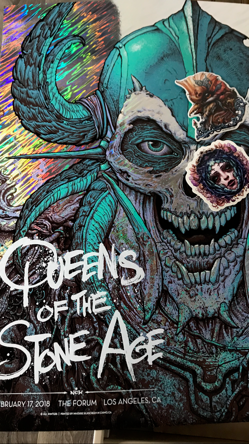 Title: QUEENS OF THE STONE AGE: L.A. FORUM GIG POSTER Moonlava Foil Variant  Artist: N.C. Winters  Edition: 02/17/18 Limited Edition Screen Printed Poster of 40, hand signed and numbered by the artist.  Type: Six-color screen print moon Lava Foil variant (artist colorway on moon lava foil)  Size:  18" x 24"  Location: Los Angeles, CA  Venue: The Forum