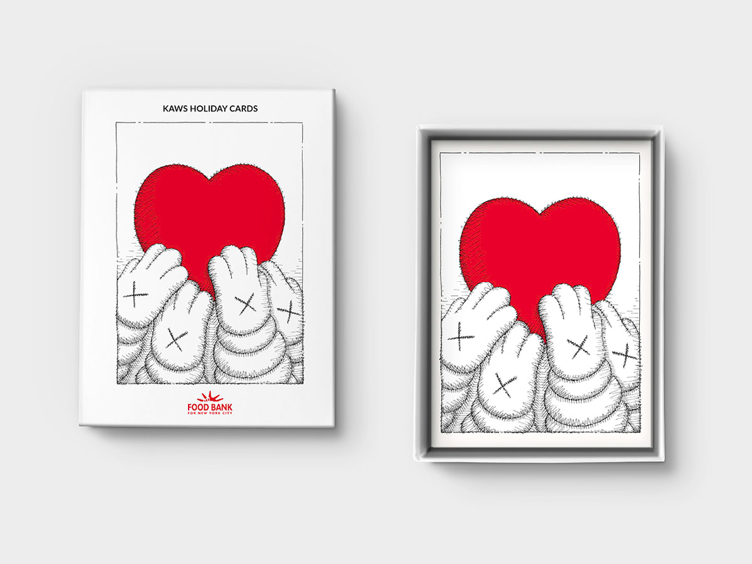 Title: KAWS Holiday Cards (Box of 25) Size:  5" x 7" each Notes: KAWS is partnering with Food Bank to spread some love for the holidays. The NYC-based artist has designed a special holiday card to help provide meals for families across the city this season. Limited to 1,000 box sets, these cards are available exclusively through Food Bank For New York City.  Set of 25 cards with white envelopes.