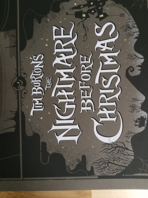 Title: “Nightmare Before Christmas” Poster Artist: Graham Erwin Edition: 390 Type: 6 color screen print Size: 12″ x 36″ Notes: Released as part of Mondo’s “Nothing’s Impossible” Disney Show.  Printed on 100# French Paper.