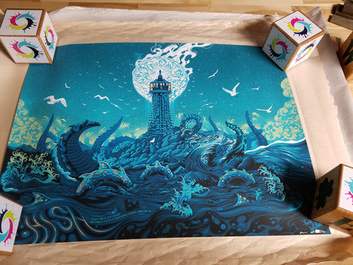 Title: Phish Jones Beach Poster - 2022  Artist: Paul Kreizenbeck  Edition:   x x/150  Type:  Screen Print  Size: 18" x 24"  Notes:  Print is stored flat in very good condition.  7 color print, signed and numbered by the artist.  Following purchase, print will be rolled in kraft paper and shipped in a sturdy cardboard tube which is padded on both ends with bubble wrap.