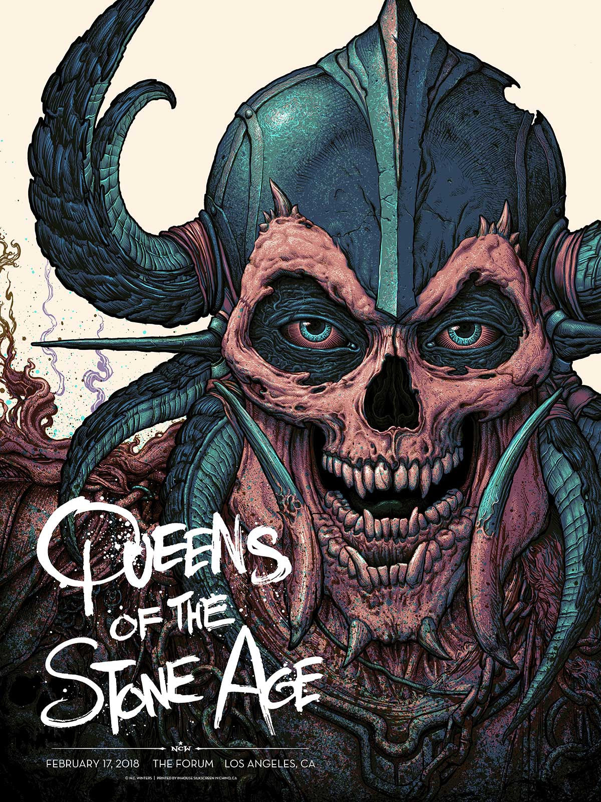 Title: QUEENS OF THE STONE AGE: L.A. FORUM GIG POSTER Kraft Variant  Artist: N.C. Winters  Edition: Limited Edition Screen Printed Poster of 40, signed and numbered by the artist.  Type: Six-color screenprint, Kraft variant (artist colorway on kraft stock):  Size: 18" x 24"  Location: Los Angeles, CA  Venue: The Forum