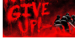 Title:  Never Give Up!  (2018 RED EDITION )  Artist:  Mr. Brainwash  Edition:  Limited RED Edition screenprint on hand torn archival art paper of only 40 copies per color. Signed, numbered and thumb printed on the back.  Type:  Screenprint poster on hand torn archival art paper  Size:  22.4" x 26.4"  Notes:  Released in honor of the Los Angeles Firefighters in regards to the recent Woosley fires that have devastated Southern California.