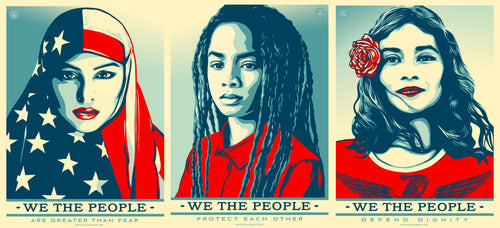 This listing is for the highly coveted Shepard Fairey "Defend Dignity", "Greater than Fear" and "Protect Each Other" set lithographs from the We The People series by the Amplifier Foundation.  These lithographs are SIGNED but UNNUMBERED  Prints are stored flat in very good condition. Following purchase, prints are rolled in archival paper and shipped with bubble wrap in sturdy cardboard tubes.