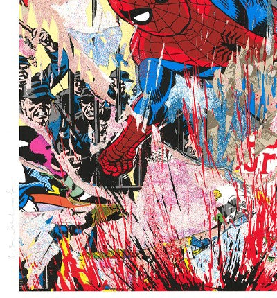 Title:  Spider-Man Art  Artist:  Mr. Brainwash  Edition:  xx/55, This version is the CLEAN VERSION and is NOT HAND FINISHED. Signed, numbered and thumb printed by the artist  Type: 11 color screenprint on hand torn archival art paper  Size:  49" x 37"  Notes:  In continuation of his comic book inspired series, Mr. Brainwash has now released his first Spiderman print. Everyone's favorite web-slinger is now available in Mr. Brainwash's signature style.