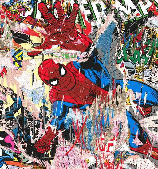 Title:  Spider-Man Art  Artist:  Mr. Brainwash  Edition:  xx/55, This version is the CLEAN VERSION and is NOT HAND FINISHED. Signed, numbered and thumb printed by the artist  Type: 11 color screenprint on hand torn archival art paper  Size:  49" x 37"  Notes:  In continuation of his comic book inspired series, Mr. Brainwash has now released his first Spiderman print. Everyone's favorite web-slinger is now available in Mr. Brainwash's signature style.