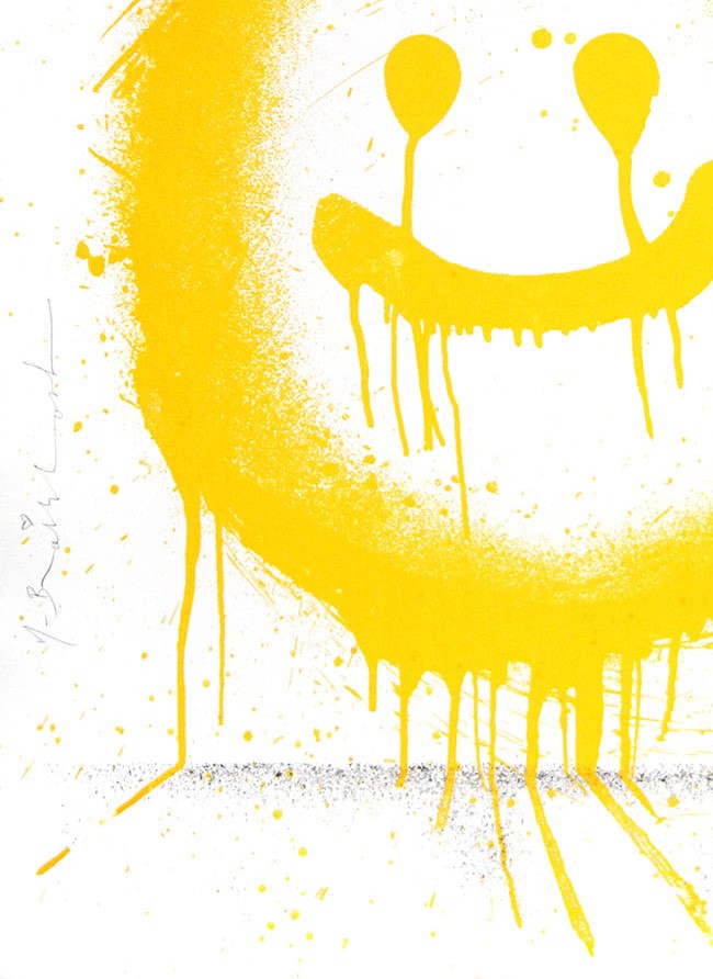 Title:  Spray Happiness Yellow  Artist:  Mr. Brainwash  Edition:  xx/75  Type:  Three color screen print on archival art paper with hand finish paint splatter  Size:  30" x 22.5"  Notes:  Each screen print is on hand torn archival art paper and is signed and numbered with a thumb print on the back.