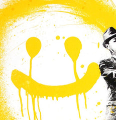 Title:  Spray Happiness Yellow  Artist:  Mr. Brainwash  Edition:  xx/75  Type:  Three color screen print on archival art paper with hand finish paint splatter  Size:  30" x 22.5"  Notes:  Each screen print is on hand torn archival art paper and is signed and numbered with a thumb print on the back.