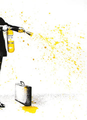 Title:  Spray Happiness Yellow  Artist:  Mr. Brainwash  Edition:  xx/75  Type:  Three color screen print on archival art paper with hand finish paint splatter  Size:  30" x 22.5"  Notes:  Each screen print is on hand torn archival art paper and is signed and numbered with a thumb print on the back.