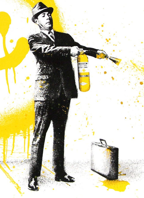 Title:  Spray Happiness Yellow  Artist:  Mr. Brainwash  Edition:  xx/75  Type:  Three color screen print on archival art paper with hand finish paint splatter  Size:  30" x 22.5"  Notes:  Each screen print is on hand torn archival art paper and is signed and numbered with a thumb print on the back.