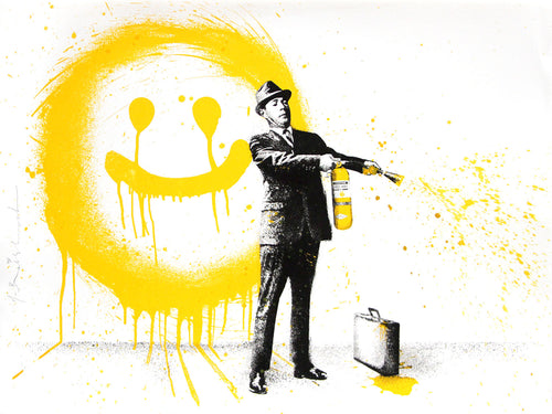 Title:  Spray Happiness Yellow  Artist:  Mr. Brainwash  Edition:  xx/75  Type:  Three color screen print on archival art paper with hand finish paint splatter  Size:  30" x 22.5"  Notes:  Each screen print is on hand torn archival art paper and is signed and numbered with a thumb print on the back.