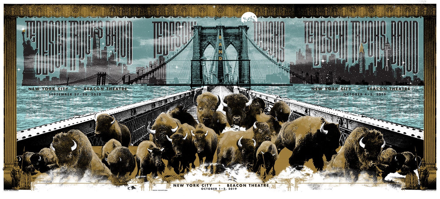 Title: Tedeschi Trucks Band - NYC - 2019 (Full triptych sets available)  Edition: Limited Edition, Signed and numbered APs.  Type:  Five color limited edition triptych is printed full bleed so that all three posters can be framed/hung together as shown in the image.  Gold metallic and glow in the dark ink add special print touches  Size: Full triptych size: 54” x 24”  Individual poster size: 18” x 24”  Notes:  **THESE PRINTS ALL SOLD OUT IN NEW YORK**