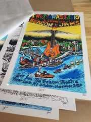 Title: "The Beacon Jams" SET OF THREE PRINTS (diff #s)  Poster artist: Jim Pollock  Edition: x/200, x/500, x/1600, signed by Jim Pollock and Trey Anastasio  Type: Screen Print  Size: 15" x 22"  Location: New York City  Venue: Beacon Theatre  Notes: Prints are in mint/near mint condition with no issues.  Printed on Neenah Stardream Crystal paper.  signed/numbered: yes - each of the 3 posters is signed by both Trey Anastasio and Jim Pollock.
