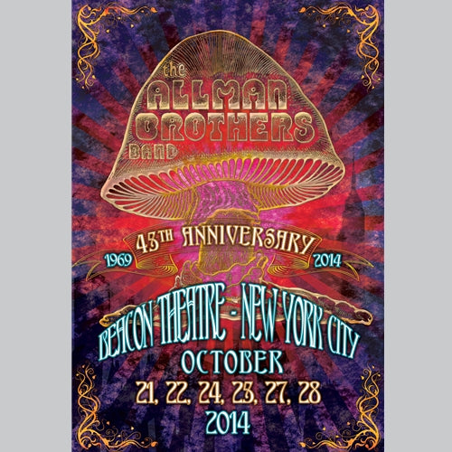 "Allman Brothers Band 45th Anniversary NYC 2014" by Terry Bradley.  October 21-28 2014 shows.  Screen print edition of 2000.