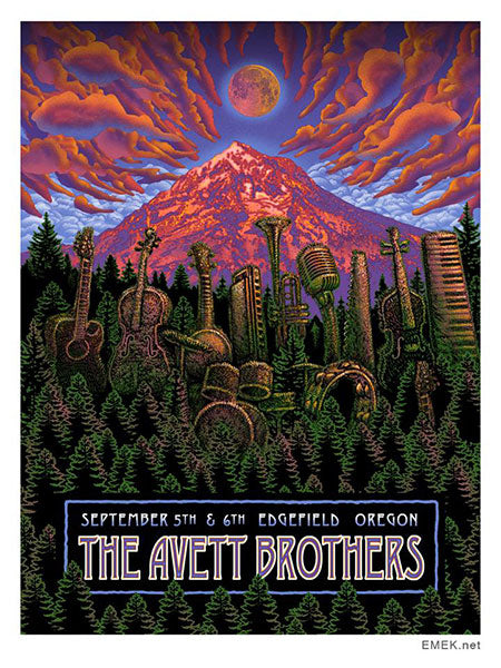 Avett Brothers Screenprint Poster by Emek 2014 The music of the Avett Brothers is captured with perfection by Emek, Edgefield, OR Print measures 18”x24”, signed and numbered by the artist Limited Edition Screen printed poster of 100   This is a Color Silk Screen Print on Pearl Metallic Paper. Check out our other listings for more hard-to-find and out-of-print posters.