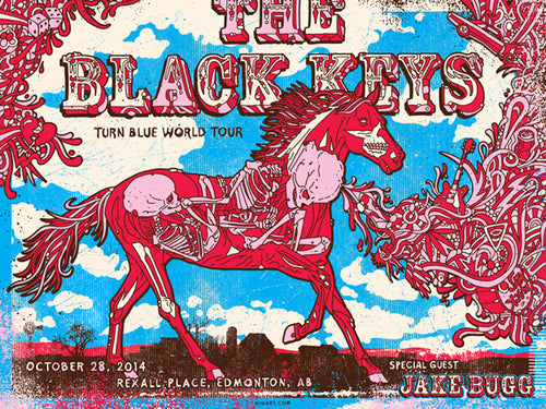 This poster was created poster for The Black Keys and their Turn Blue World Tour. This poster was for their show with Jake Bugg on October 28th in Edmonton, AB, Canada at Rexall Place.