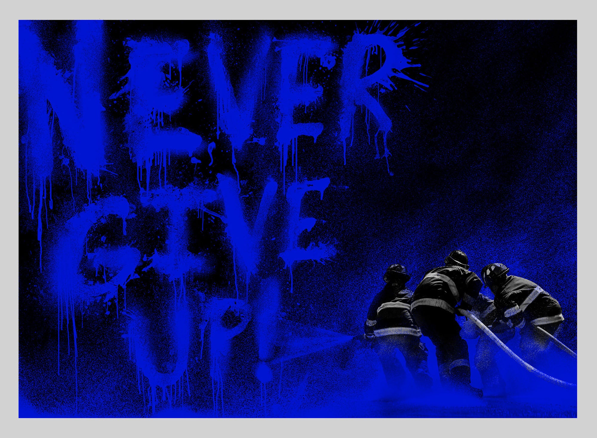 Title: Never Give Up! (2018 Set of 3 (1)RED (1)WHITE AND (1)BLUE)  Artist: Mr. Brainwash  Edition: Limited Edition screenprint on hand torn archival art paper of only 40 copies per color. Signed, numbered and thumb printed on the back.  FULL SET OF 3 - (1)RED (1)WHITE AND (1)BLUE  Type: Screenprint poster on hand torn archival art paper  Size:  22.4" x 26.4"  Notes:  Released in honor of the Los Angeles Firefighters in regards to the recent Woosley fires that have devastated Southern California.