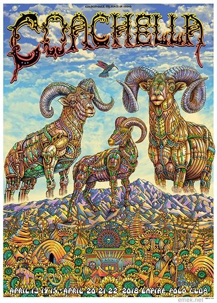 Coachella 2018 by Emek.  Screen print.  22" x 30.5".  All prints are stored flat. Print is in very good condition as received from the artist.  Following purchase, all prints are rolled in archival paper and shipped in a sturdy cardboard tube which is bubble wrapped on the inside for each end.