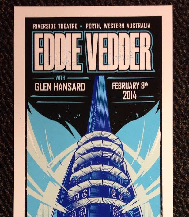 This screen print for Eddie Vedder’s February 8th 2014 show at the Riverside Theatre in Perth, Western Australia. Check out our other listings for more hard-to-find and out-of-print posters.