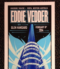This screen print for Eddie Vedder’s February 8th 2014 show at the Riverside Theatre in Perth, Western Australia. Check out our other listings for more hard-to-find and out-of-print posters.