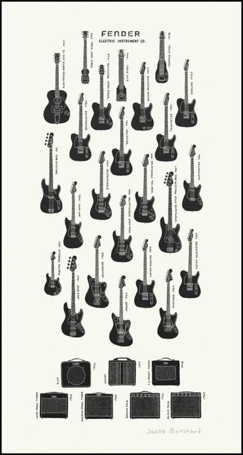 Title:  Electric Instrument Co. - Dirty Black Edition  Poster artist:  Jacob Borshard  Edition:   xx/64 s/n  Type: Hand deckled edges on left side of the print  Size:  16" x 30"  Notes:  Print is stored flat in very good condition.  Check out our other listings for more hard-to-find and out-of-print posters.