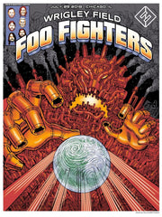 Title:  Foo Fighters Emek Wrigley Field July 29th, 2018  Artist:  Emek and his brother 'Gan'  Edition:  xx/850  Size:  18" x 24"  Venue:  Wrigley Field  Location:  Chicago, IL  Notes:   Signed by both artists.  750 prints were originally sold at the show. embossed and doodled.  This print is edition #100 or lower.  This poster is a collaboration with Emek's brother 'Gan' for the Foo Fighters show which took place at Wrigley Field in Chicago, IL on July 29, 2018.