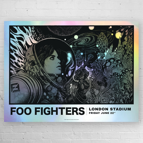 Title: Foo Fighters FOIL VARIANT London Stadium  Artist: Richey Beckett  Edition: Limited edition of 25 AP's, signed by the artist, numbered and embossed  Type: beautifully silk screen printed, 'rainbow foil' stock, including metallic silver ink  Size: 24" x 18"  Venue: London Stadium  Location: England, UK  Notes: Masterfully hand pulled by Prints Of Thieves in England, UK.  **Small blemish on bottom corner, See photos.**  Ready to ship!