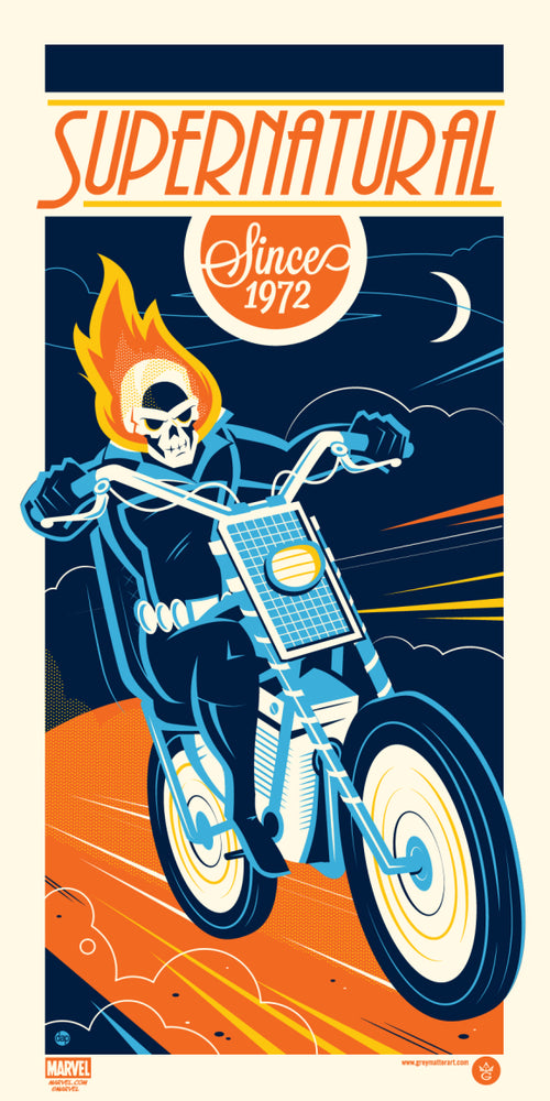 Title:  Ghost Rider  Artist:  Dave Perillo  Edition:  xx/225  Type: Screen print poster  Size:  12" x 24"  Notes:  Released by Grey Matter Art in 2015.  Inspired by the iconic Marvel comic book superhero.  Print is stored flat in very good condition. Following purchase, prints are rolled in archival paper and shipped with bubble wrap in sturdy cardboard tubes.  Check out our other listings for more hard-to-find and out-of-print posters.