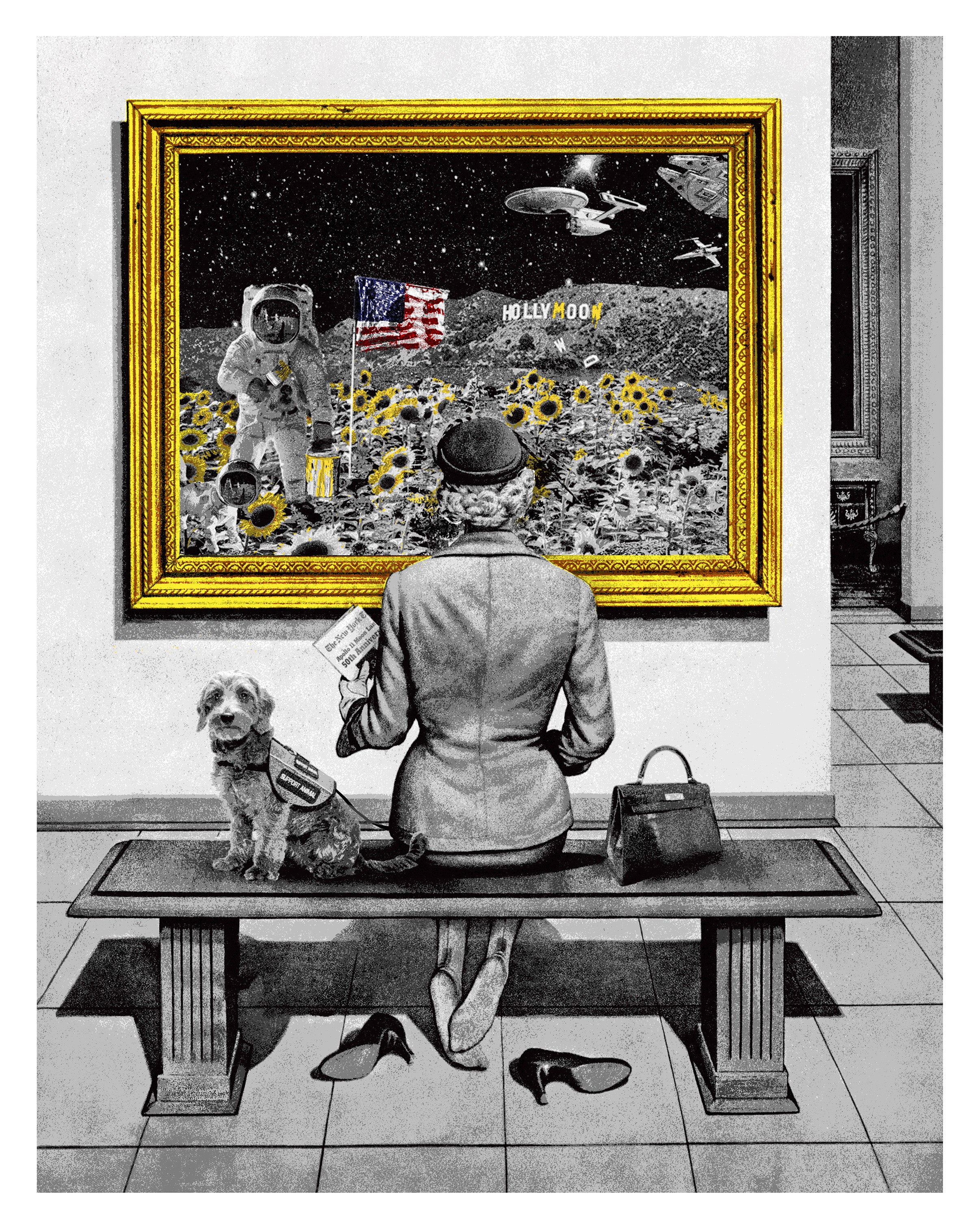 Title:  Hollymoon  Artist:  Mr. Brainwash  Edition:   In 1969, man first landed on the moon. Fifty years later, we celebrate this monument with a limited edition release of 50 total prints. The Apollo 11 landing is featured in this Hollymoon scene that sparks wonder for this testament to space travel.  This version is the standard edition of 50, 8 colors and is signed and numbered with a thumbprint on the back.  Type:  8 color screen print on archival art paper  Size:   33.5" x 42"