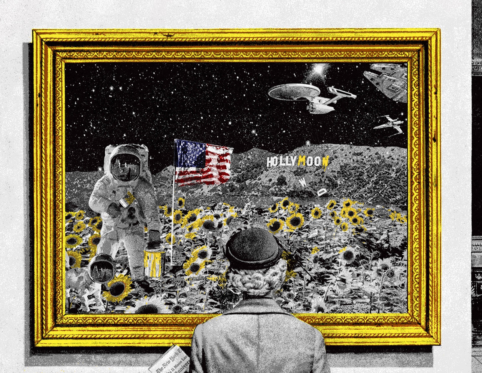 Title:  Hollymoon  Artist:  Mr. Brainwash  Edition:   In 1969, man first landed on the moon. Fifty years later, we celebrate this monument with a limited edition release of 50 total prints. The Apollo 11 landing is featured in this Hollymoon scene that sparks wonder for this testament to space travel.  This version is the standard edition of 50, 8 colors and is signed and numbered with a thumbprint on the back.  Type:  8 color screen print on archival art paper  Size:   33.5" x 42"
