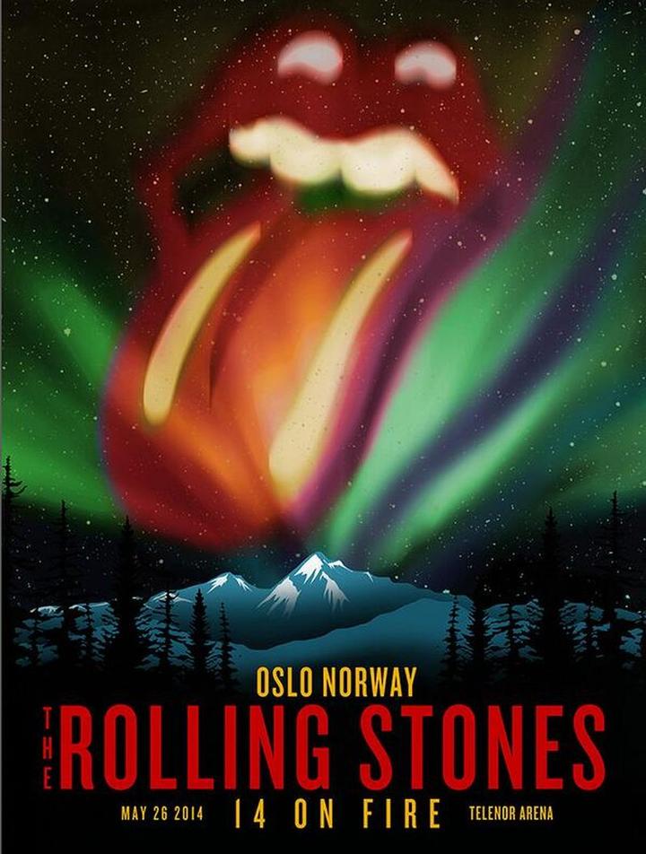 Title:  The Rolling Stones - 2014 OFFICIAL POSTER OSLO NORWAY #2  Poster artist:   Edition:  xx/500  Type: Limited edition lithograph   Size: 17" x 23"  Location: Oslo, Norway   Venue:  Telenor Arena   Notes:  1st edition, official poster hand numbered and embossed  Official poster, Europe 14 On Fire Tour original from the show!