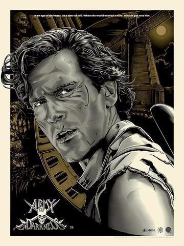 "Army of Darkness Gold Variant" by Jeff Boyes.  Inspired by the popular cult film. Released by Skuzzles in 2014 in limited edition of 50 prints. Print is stored flat in very good condition. Following purchase, prints are rolled in archival paper and shipped with bubble wrap in sturdy cardboard tubes.