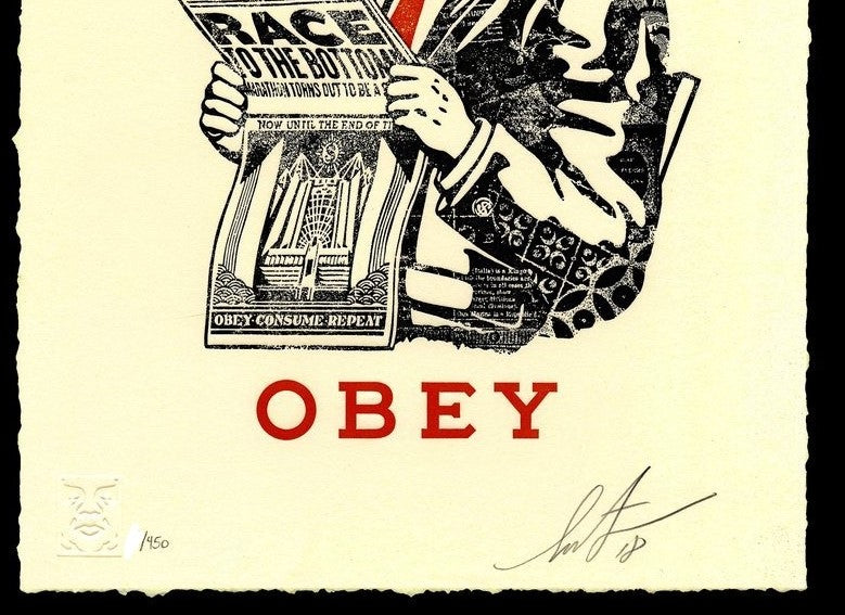 Title: "Race to the Bottom" Poster artist: Shepard Fairey Edition: xx/450 Type: Letterpress Size: 10" x 13" Location: Venue: Notes: Signed and numbered limited edition of 450 prints. Printed on cream cotton paper with hand-deckled edges. Signed and numbered by Shepard Fairey with Obey publishing chop in lower left corner.