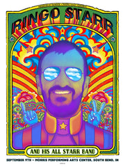 Title:  2018 Emek Ringo Starr  Artist:  Emek  Edition:   xx/99  Type:  Screen Print  Size:  18" x 24"  Location:   South Bend, IN    Venue:  2018 Morris Performing Arts Center  Notes:  11 layer print.  Signed, numbered, embossed and double doodled by the artist.  All prints are stored flat.  Following purchase, all prints are rolled in archival paper and shipped in a sturdy cardboard tube which is bubble wrapped on the inside for each end.