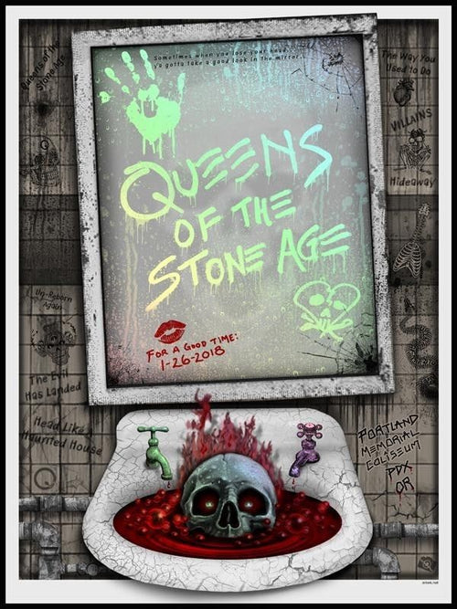 Title: Queens of the Stone Age Mirror Foil (2018)  Artist: EMEK  Edition: 1/26/2018 Limited Edition Screen Printed Poster of 450, signed and numbered by the artist.  Type: Rainbow Foil Mirror Holographic Paper with Glow-In-The-Dark Inks  Size: 18" X 24"  Location: Portland, OR  Venue: Portland Memorial Coliseum