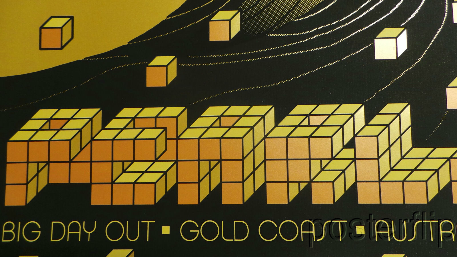 Title:  Pearl Jam Big Day Out 2014  Artist:  Ames Bros  Edition:  Gold Variant Limited Edition of 80 prints and quickly sold out by the artist. Each print is signed and numbered by the artist.  Type: Screen print poster  Size: 20" x 26"  Location: Gold Coast, Australia  Notes:  P rint is stored flat in very good condition.  Check out our other listings for more hard to find and out of print posters.