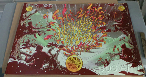 Title: "Umphrey's McGee (New Year's Eve - Denver)" Poster artist: James Flames Edition: 235, signed and numbered by the artist Type: Screen Print Size: 36" x 24" Location: Denver, Colorado Venue: Fillmore Auditorium Notes:  Released in 2013.  Print is stored flat in very good condition. Following purchase, prints are rolled in archival paper and shipped with bubble wrap in sturdy cardboard tubes.