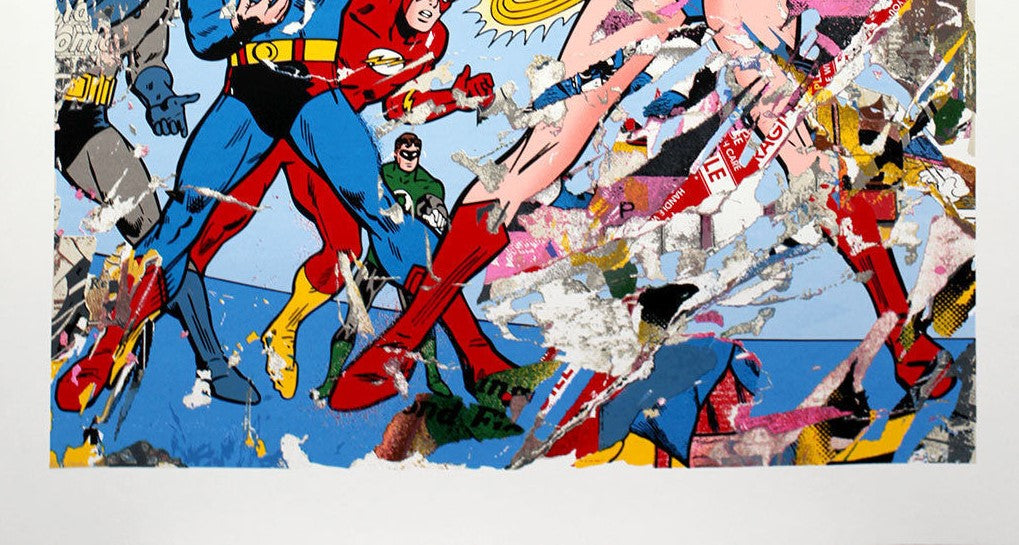 Title:  Justice League Wonder Woman  Artist:  Mr. Brainwash  Edition:  xx/100    Type:  Ten color screen-print on hand torn archival paper.  Size:  34" x 47"  Notes:  Each screen print is signed and numbered, with a thumb print on the back by the artist.