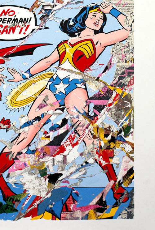 Title:  Justice League Wonder Woman  Artist:  Mr. Brainwash  Edition:  xx/100    Type:  Ten color screen-print on hand torn archival paper.  Size:  34" x 47"  Notes:  Each screen print is signed and numbered, with a thumb print on the back by the artist.