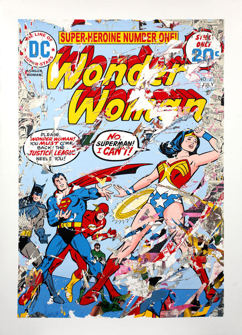 Title:  Justice League Wonder Woman  Artist:  Mr. Brainwash  Edition:  xx/100    Type:  Ten color screen-print on hand torn archival paper.  Size:  34" x 47"  Notes:  Each screen print is signed and numbered, with a thumb print on the back by the artist.