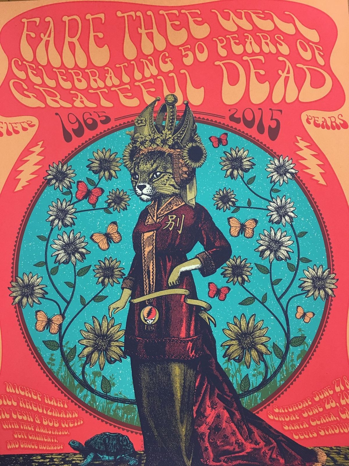 Title:  Grateful Dead China Cat  Artist:  Justin Helton  Edition:  Limited release of only 2015 total made, signed and numbered by the artist--this poster is getting rarer by the day. 2015 Poster Print Fare Thee Well  This poster was created to commemorate the 50th anniversary Fare Thee Well shows  Type:  Screen printed poster  Size:  24" x 18"  Venue: Levi's Stadium  Location:  Santa Clara, CA  Notes:  Check out our other listings for more hard-to-find and out-of-print posters