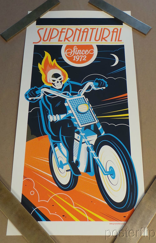Title:  Ghost Rider  Artist:  Dave Perillo  Edition:  xx/225  Type: Screen print poster  Size:  12" x 24"  Notes:  Released by Grey Matter Art in 2015.  Inspired by the iconic Marvel comic book superhero.  Print is stored flat in very good condition. Following purchase, prints are rolled in archival paper and shipped with bubble wrap in sturdy cardboard tubes.  Check out our other listings for more hard-to-find and out-of-print posters.