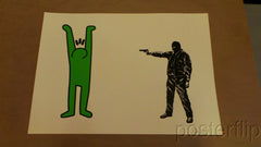 Title: "You Haring a Laugh? (Green Edition)" Poster artist: Lewis Bannister Edition: 6 Type: Screen Print Size:  23.4" x 16.5"  Notes: Released by Copymenot in 2014. Signed and numbered by the artist.  Print has small dings in upper left hand corner resulting from original shipping (details in photographs).  Print is stored flat in very good condition. Following purchase, prints are rolled in archival paper and shipped with bubble wrap in sturdy cardboard tubes.