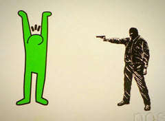 Title: "You Haring a Laugh? (Green Edition)" Poster artist: Lewis Bannister Edition: 6 Type: Screen Print Size:  23.4" x 16.5"  Notes: Released by Copymenot in 2014. Signed and numbered by the artist.  Print has small dings in upper left hand corner resulting from original shipping (details in photographs).  Print is stored flat in very good condition. Following purchase, prints are rolled in archival paper and shipped with bubble wrap in sturdy cardboard tubes.