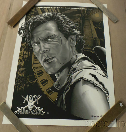 "Army of Darkness Gold Variant" by Jeff Boyes.  Inspired by the popular cult film. Released by Skuzzles in 2014 in limited edition of 50 prints. Print is stored flat in very good condition. Following purchase, prints are rolled in archival paper and shipped with bubble wrap in sturdy cardboard tubes.