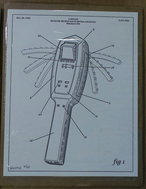 "Detection (Ghostbusters PKE Meter Patent Illustration Letterpress)" by Timothy Anderson.